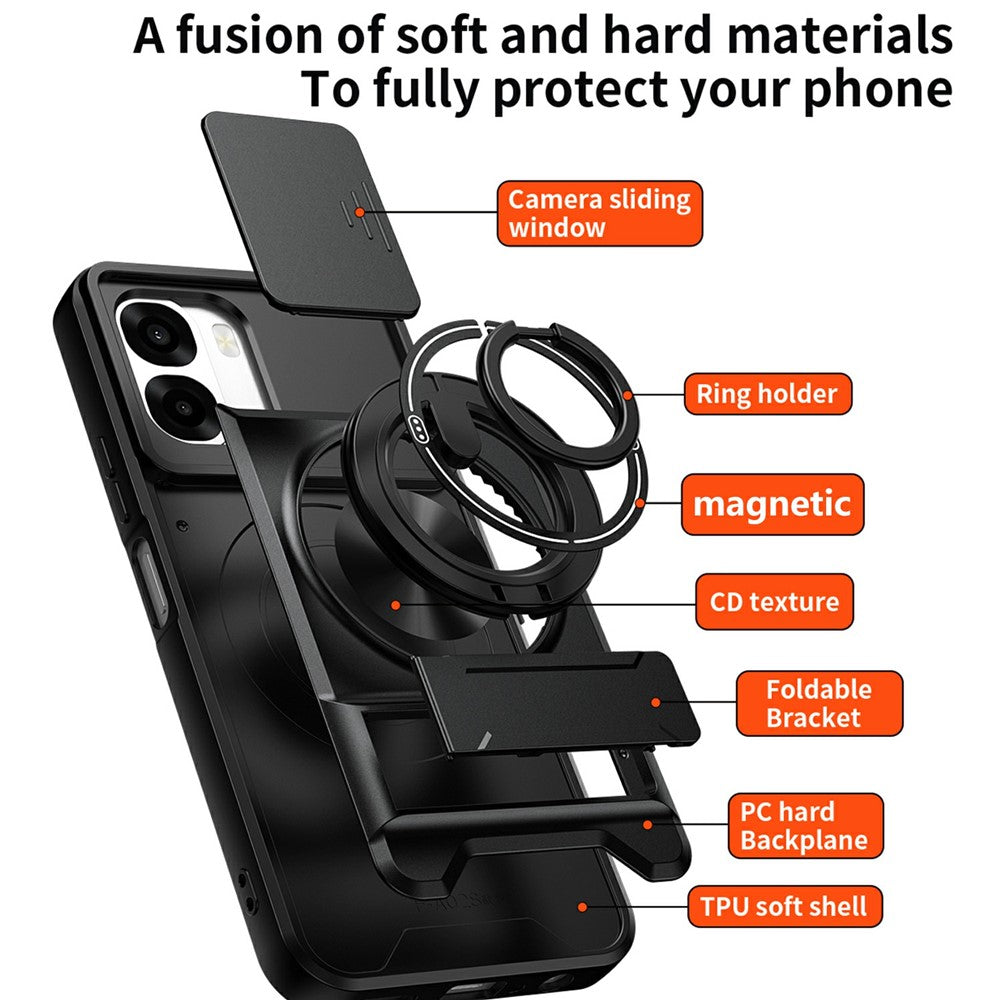 For Oppo A6x 4G / A6x 5G Magnetic Case Ring Holder Foldable Kickstand TPU PC Phone Cover with Camera Lens Slider