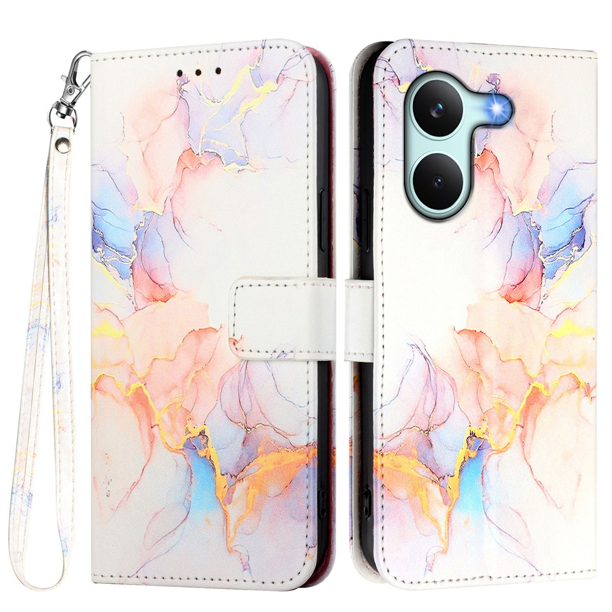 For Xiaomi Poco X8 Pro 5G / Xiaomi Redmi Turbo 5 5G Case with Strap Marble Pattern Leather Phone Cover Card Holder