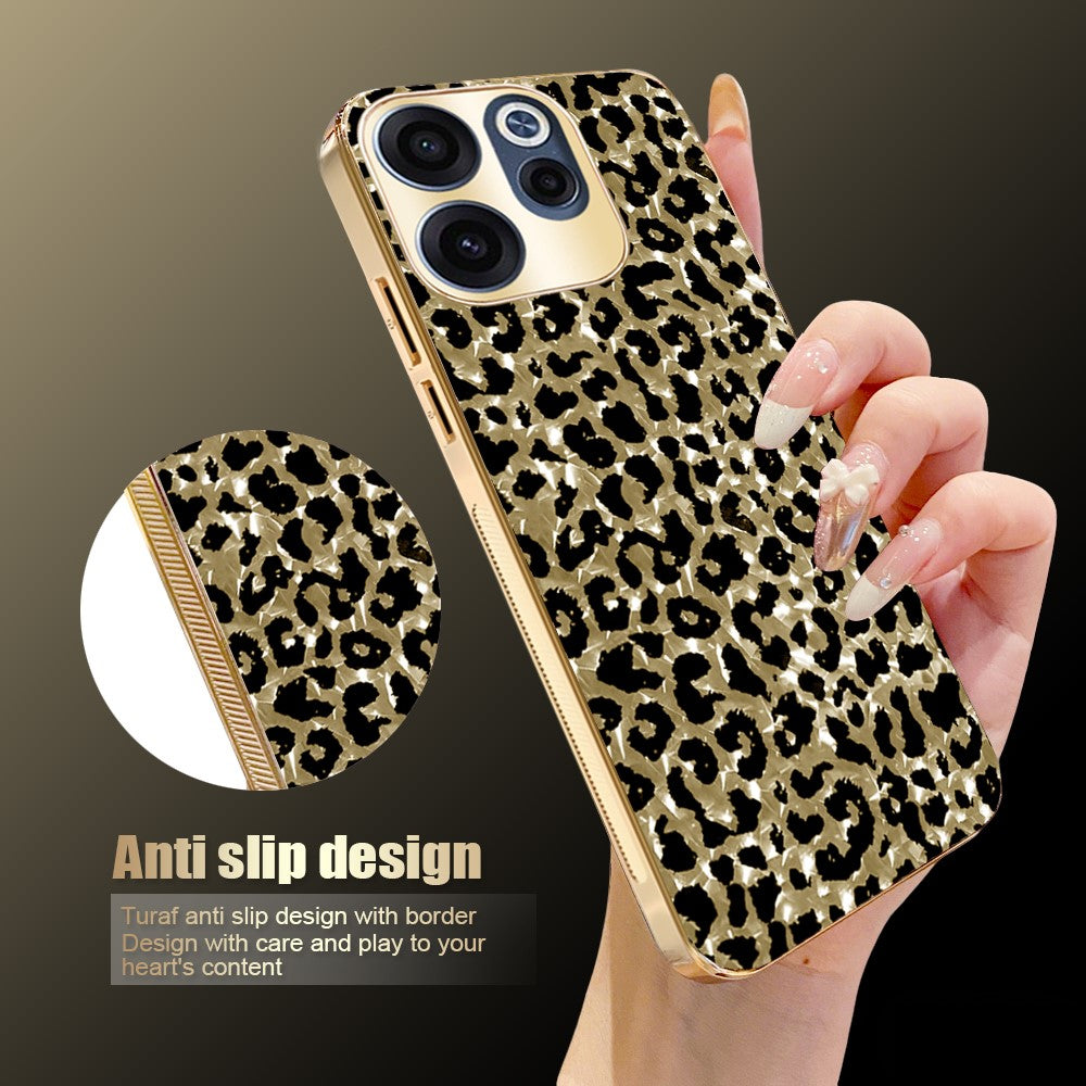 For Oppo Reno15 F 5G Case Electroplating Frame Leopard Pattern PC + TPU Hybrid Phone Cover