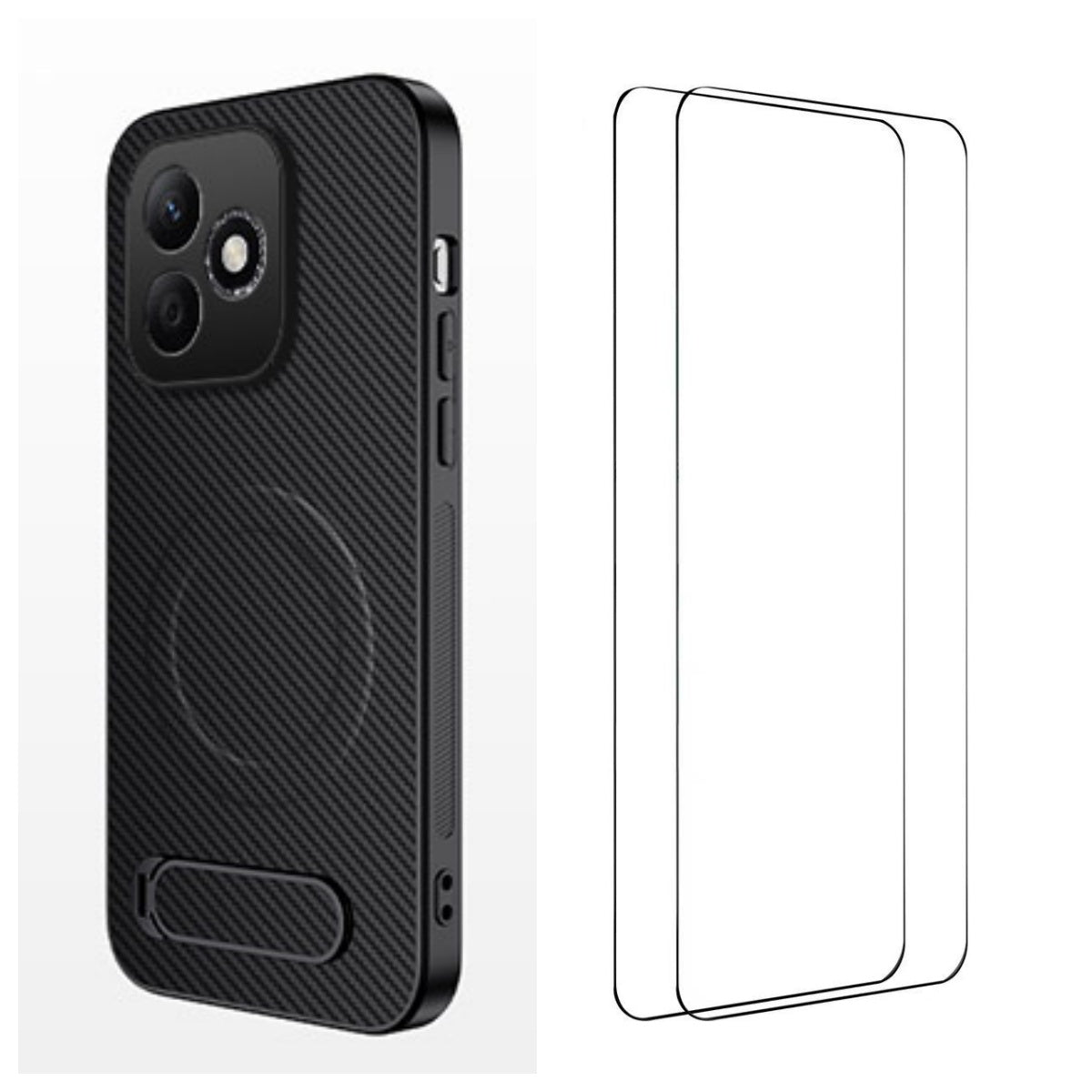 WANLONFENG For Honor X8d 4G QT1-serie magnetisk cover med 2 stk. hærdet glasfilm, støtteben, kulfibertekstur, PC TPU-telefoncover