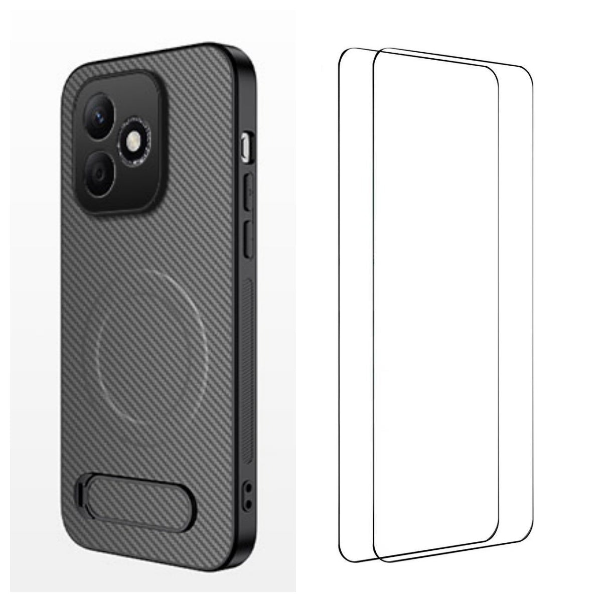 WANLONFENG For Honor X8d 4G QT1-serie magnetisk cover med 2 stk. hærdet glasfilm, støtteben, kulfibertekstur, PC TPU-telefoncover