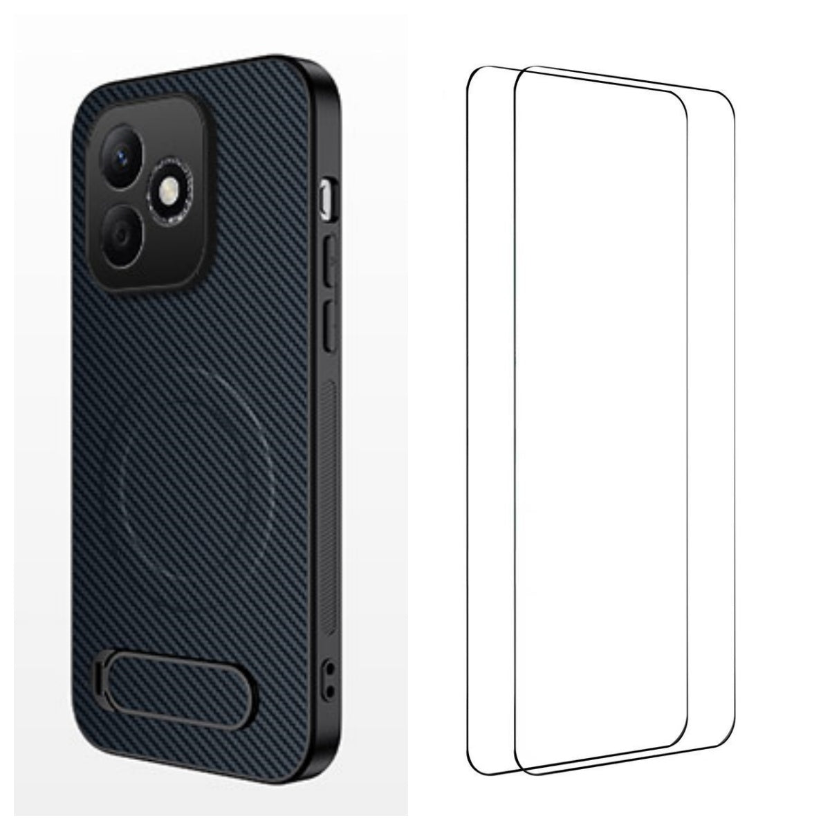 WANLONFENG For Honor X8d 4G QT1-serie magnetisk cover med 2 stk. hærdet glasfilm, støtteben, kulfibertekstur, PC TPU-telefoncover