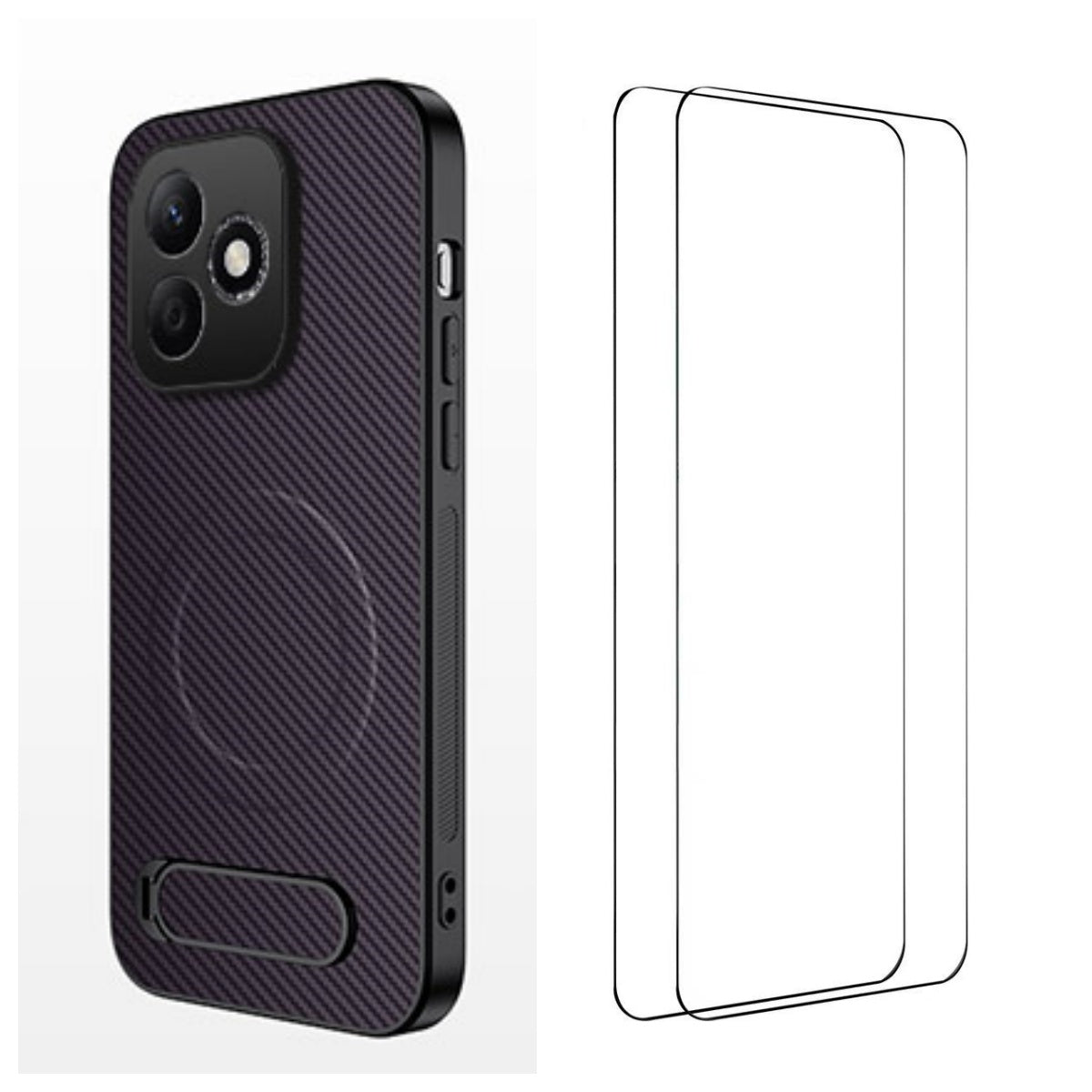 WANLONFENG For Honor X8d 4G QT1-serie magnetisk cover med 2 stk. hærdet glasfilm, støtteben, kulfibertekstur, PC TPU-telefoncover