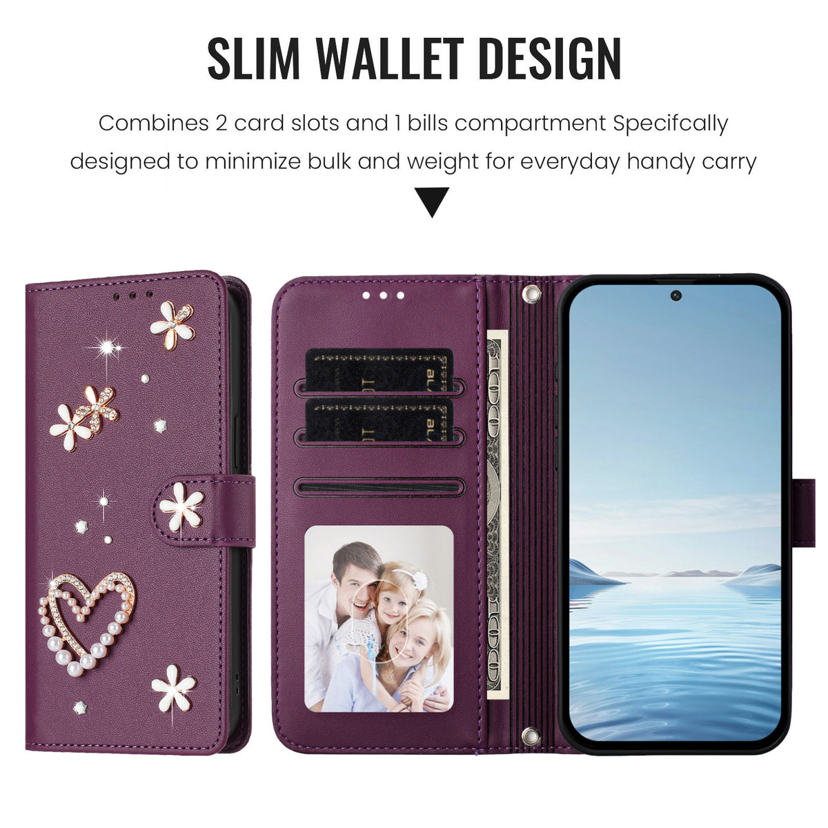 Oppo Reno15 F 5G Skal Pärlor Hjärta Diamant Blomdekor Läder Plånbok mobilskal med Handledsrem