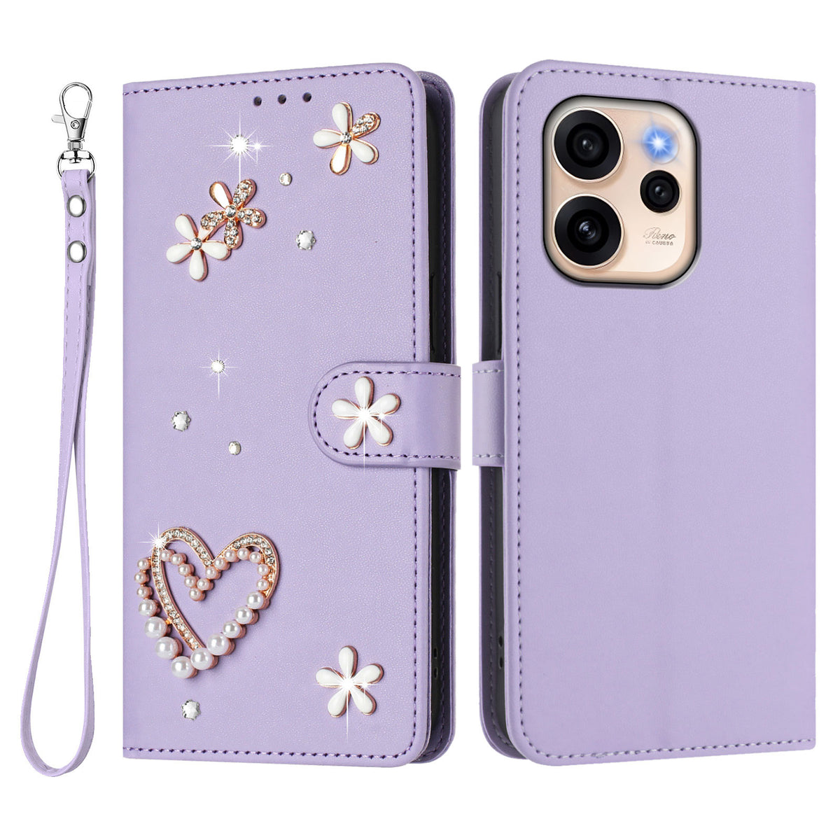 Oppo Reno15 F 5G Skal Pärlor Hjärta Diamant Blomdekor Läder Plånbok mobilskal med Handledsrem
