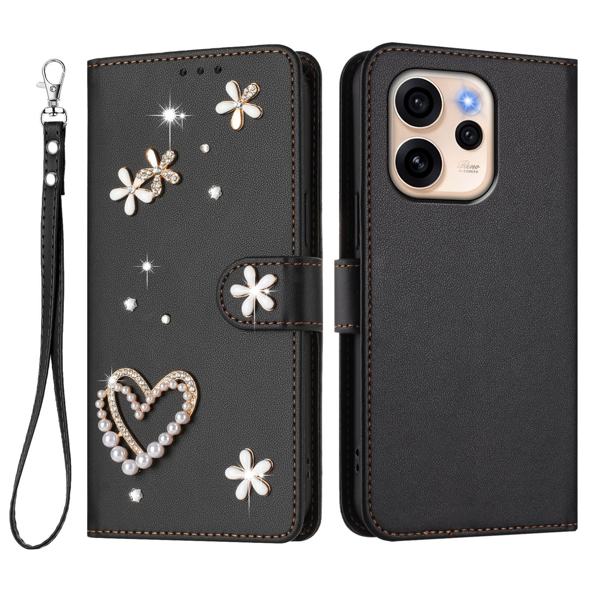 Oppo Reno15 F 5G Skal Pärlor Hjärta Diamant Blomdekor Läder Plånbok mobilskal med Handledsrem