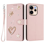 Oppo Reno15 F 5G Skal Pärlor Hjärta Diamant Blomdekor Läder Plånbok mobilskal med Handledsrem