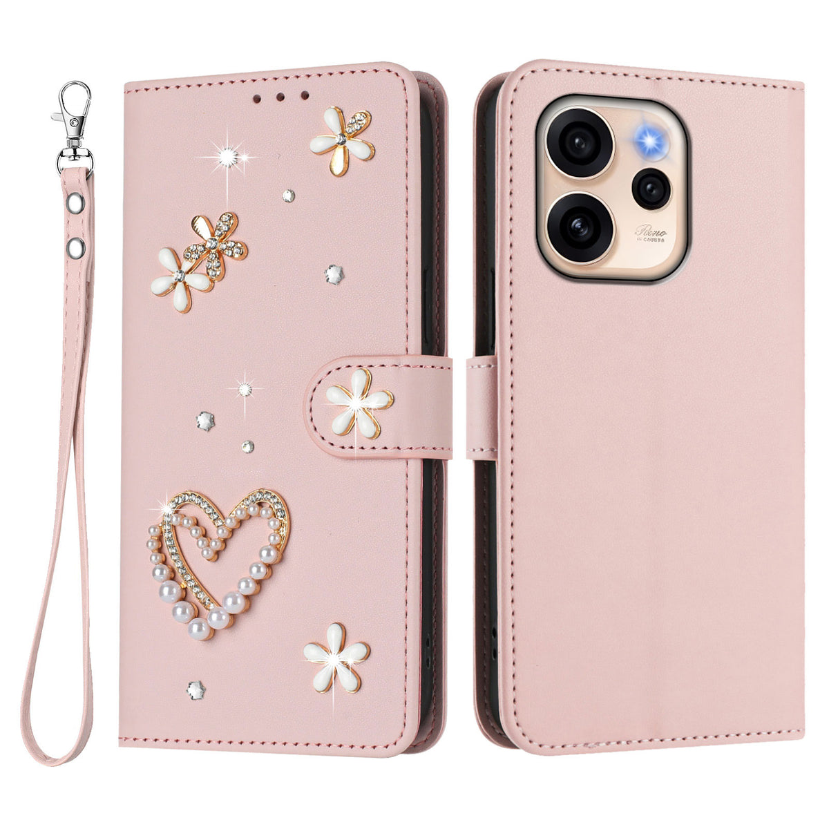 Oppo Reno15 F 5G Skal Pärlor Hjärta Diamant Blomdekor Läder Plånbok mobilskal med Handledsrem