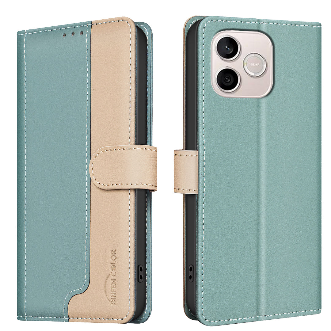 BINFEN COLOR For Honor 600 Lite 5G  Leather Case Splicing Color RFID Blocking Wallet Stand Phone Cover