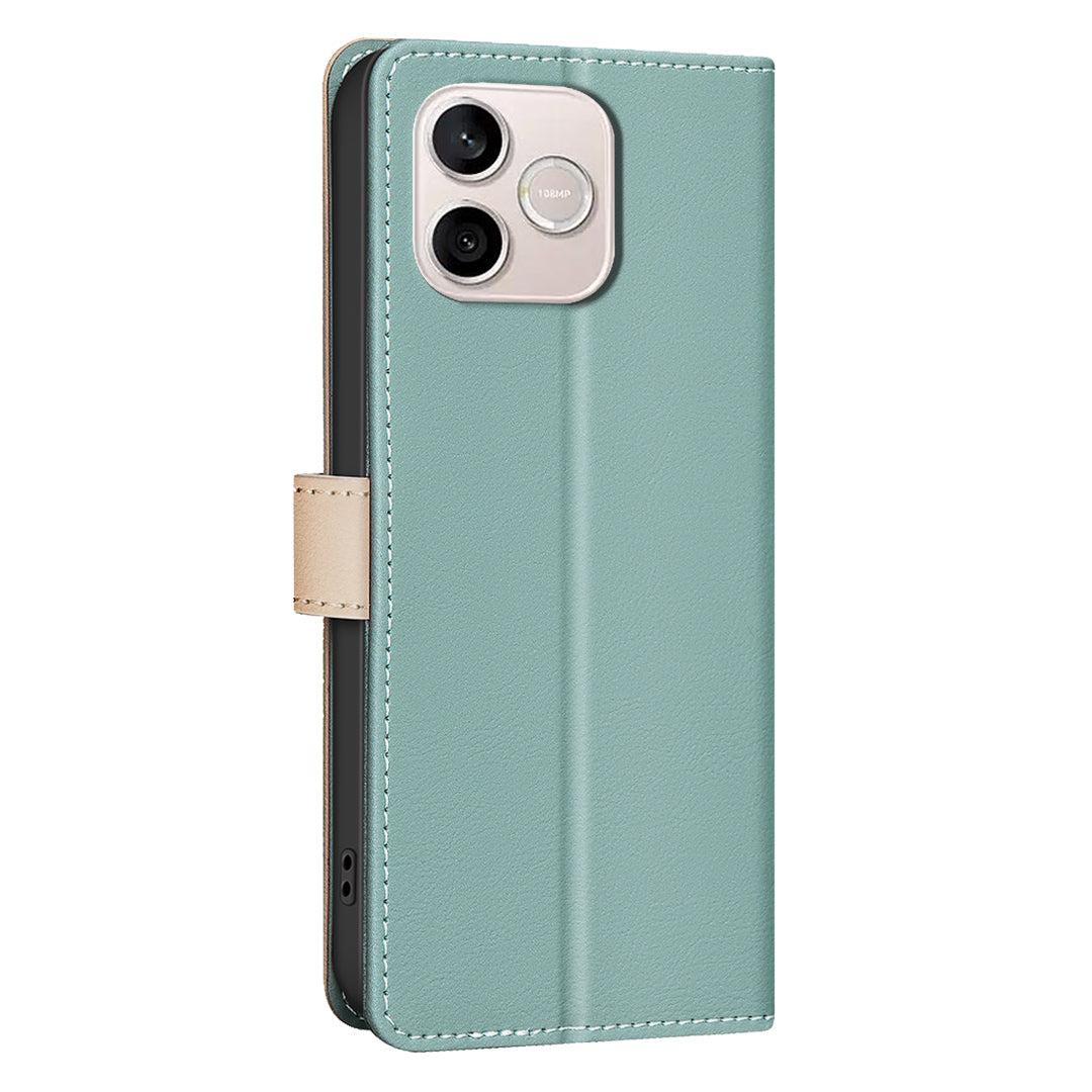 BINFEN COLOR For Honor 600 Lite 5G  Leather Case Splicing Color RFID Blocking Wallet Stand Phone Cover