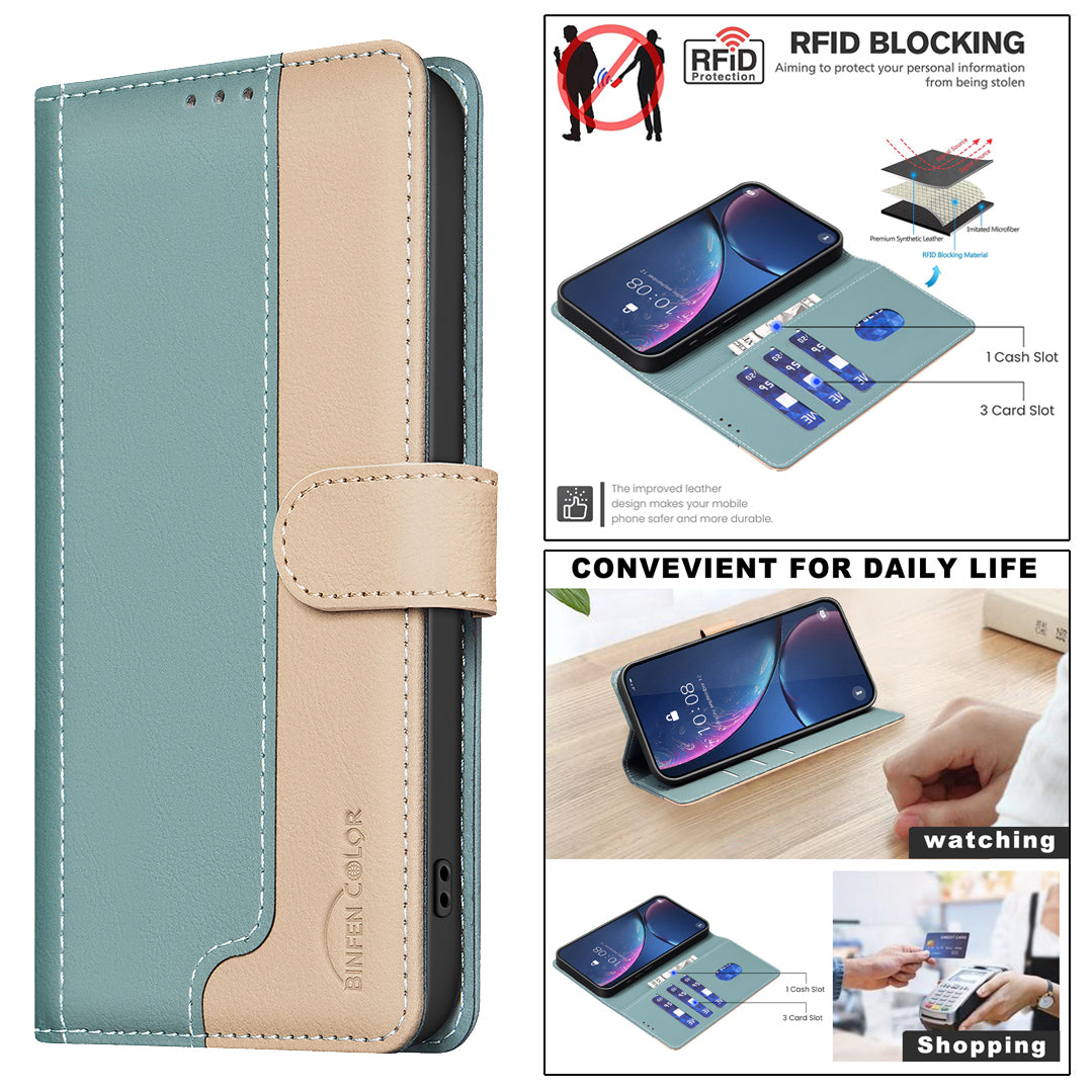 BINFEN COLOR For Honor 600 Lite 5G  Leather Case Splicing Color RFID Blocking Wallet Stand Phone Cover