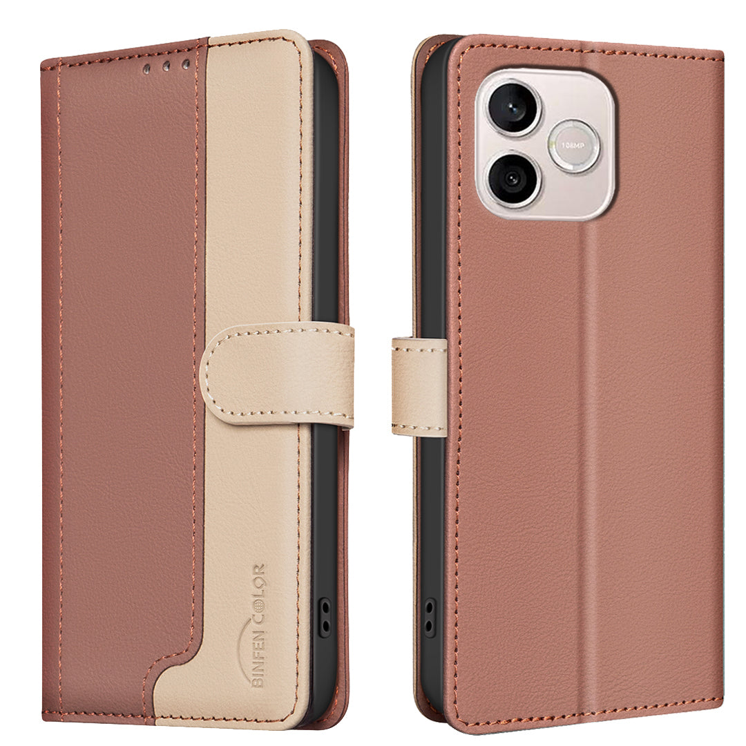 BINFEN COLOR For Honor 600 Lite 5G  Leather Case Splicing Color RFID Blocking Wallet Stand Phone Cover