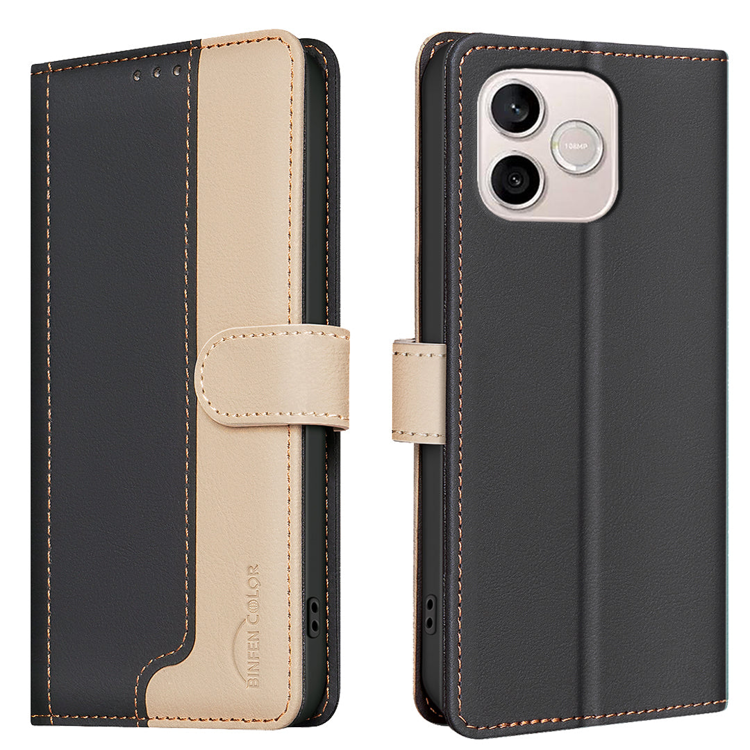 BINFEN COLOR For Honor 600 Lite 5G  Leather Case Splicing Color RFID Blocking Wallet Stand Phone Cover