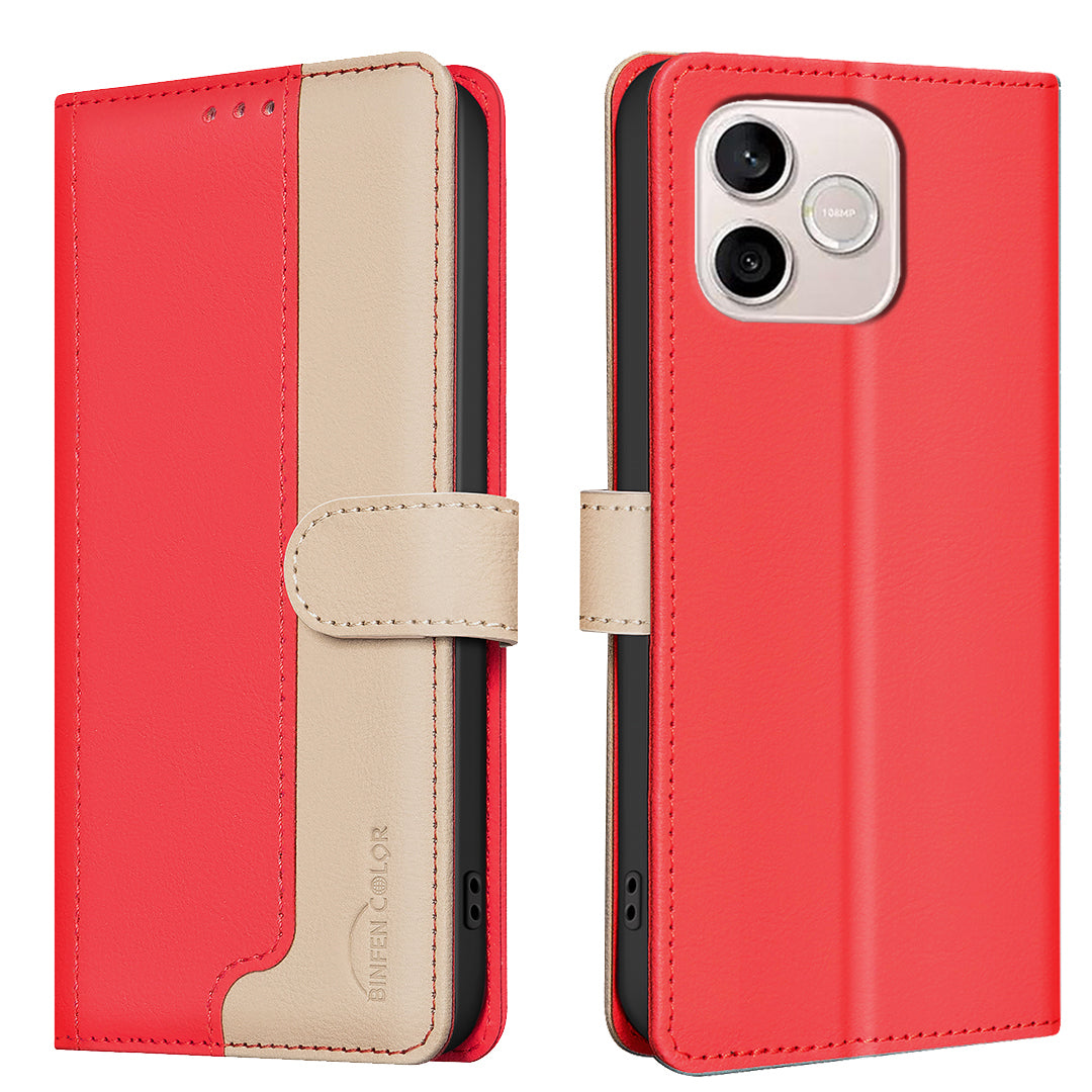 BINFEN COLOR For Honor 600 Lite 5G  Leather Case Splicing Color RFID Blocking Wallet Stand Phone Cover