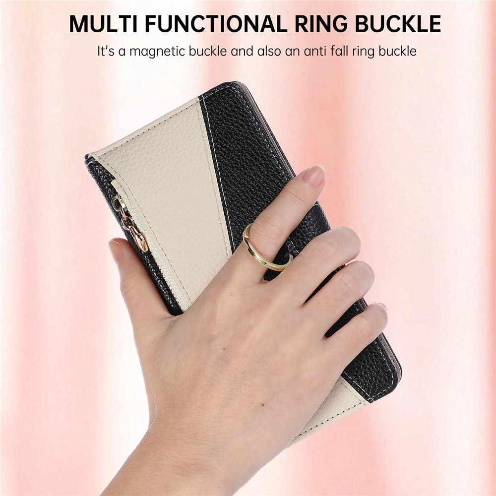Wallet Case for Xiaomi Poco X7 Pro 5G / Redmi Turbo 4 5G Triangular Splicing Zipper Leather Flip Cover with Wrist Strap