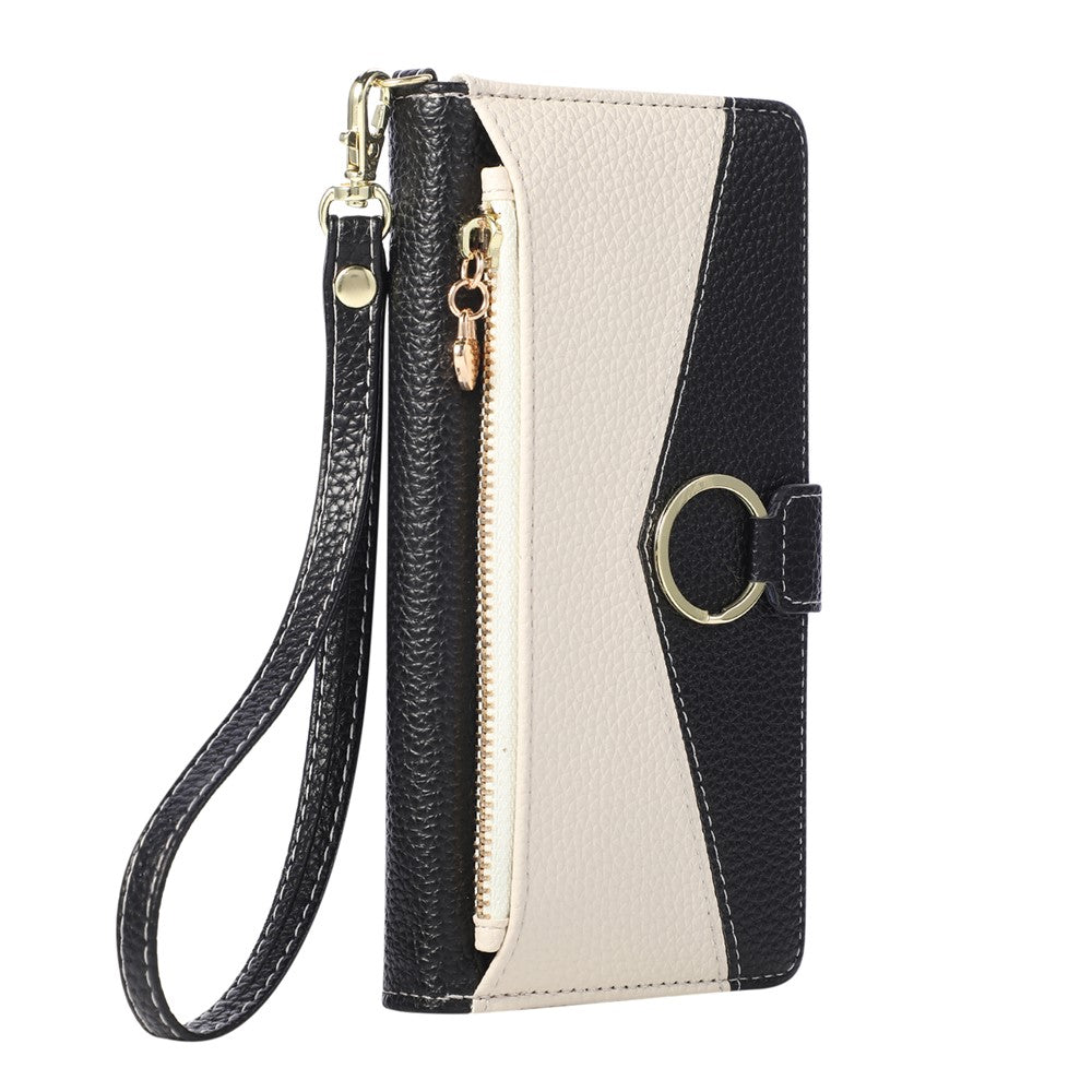Wallet Case for Xiaomi Poco X7 Pro 5G / Redmi Turbo 4 5G Triangular Splicing Zipper Leather Flip Cover with Wrist Strap