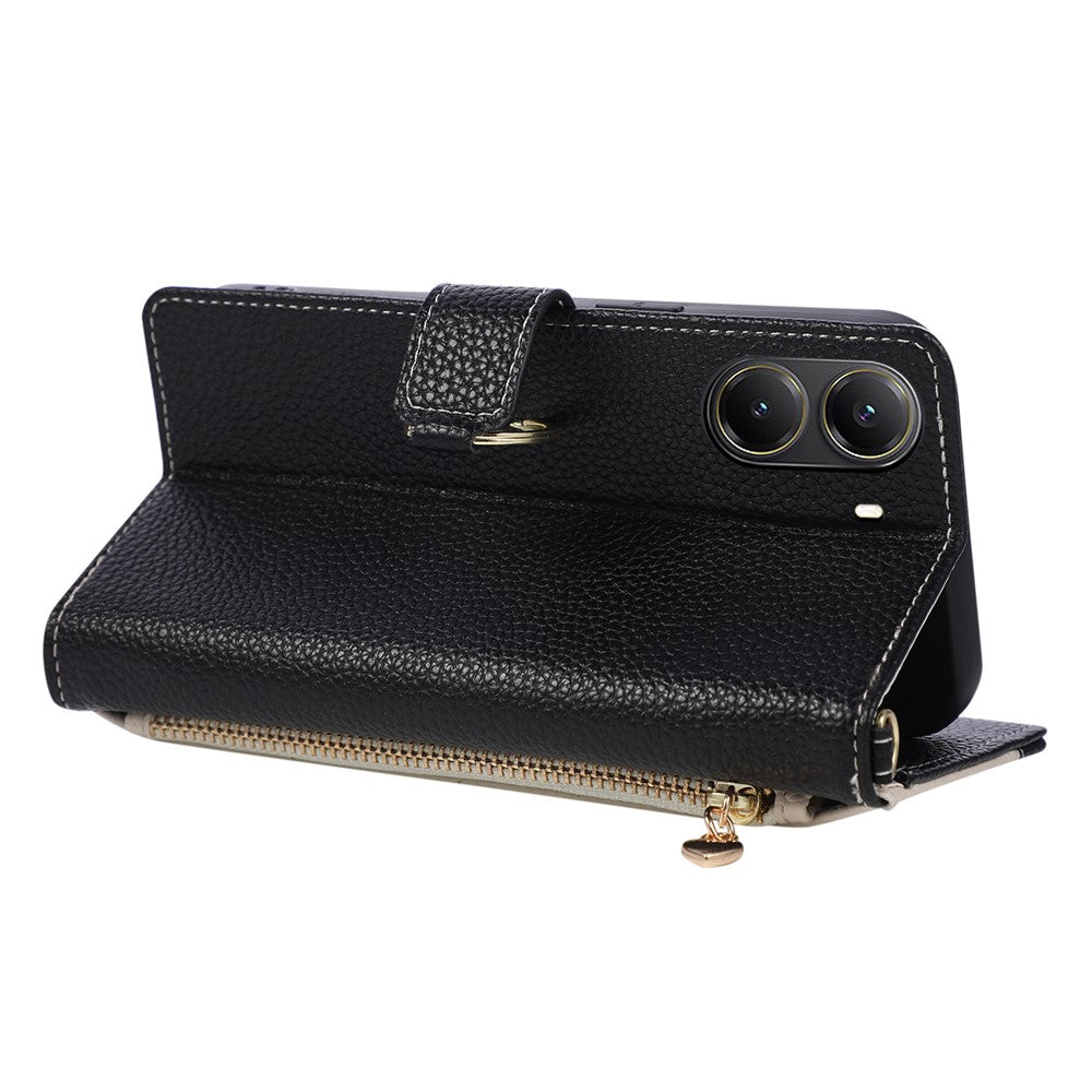 Wallet Case for Xiaomi Poco X7 Pro 5G / Redmi Turbo 4 5G Triangular Splicing Zipper Leather Flip Cover with Wrist Strap