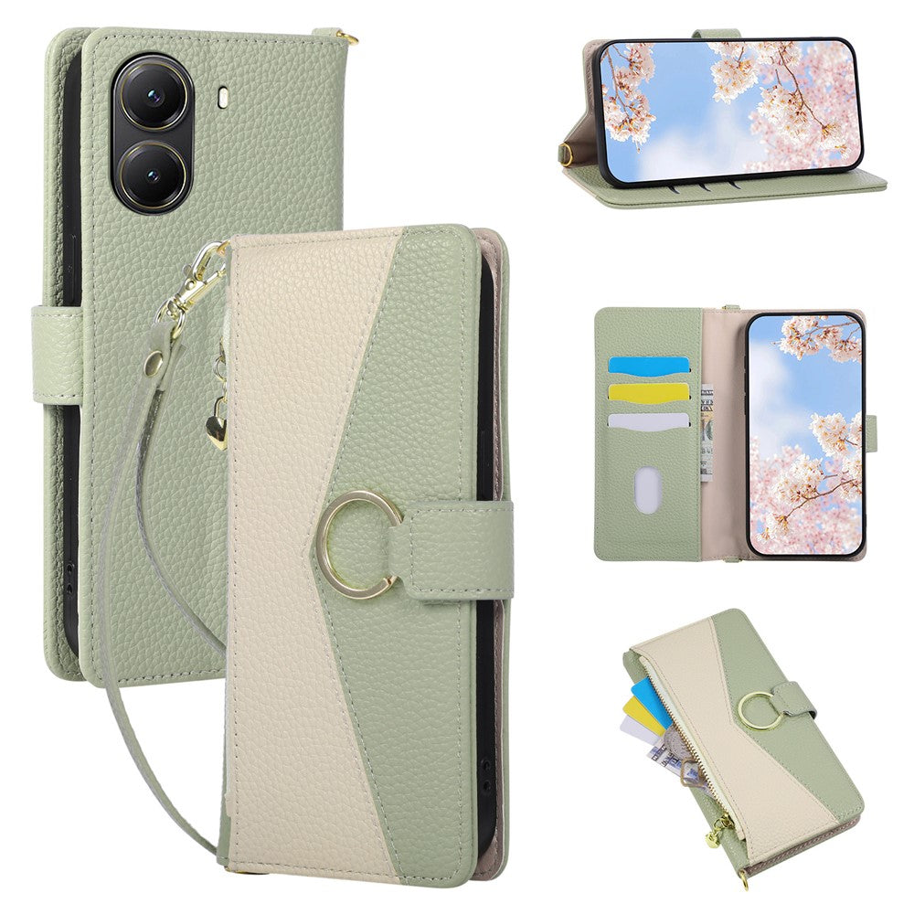 Wallet Case for Xiaomi Poco X7 Pro 5G / Redmi Turbo 4 5G Triangular Splicing Zipper Leather Flip Cover with Wrist Strap