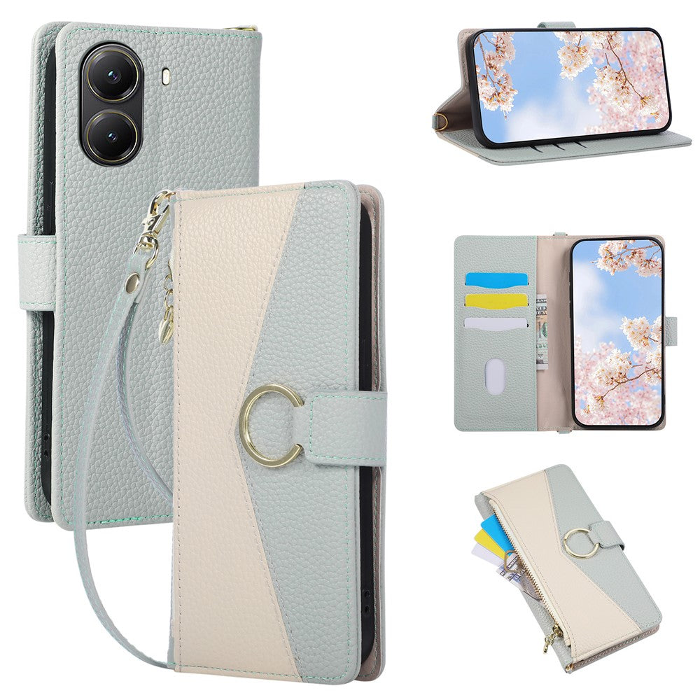 Wallet Case for Xiaomi Poco X7 Pro 5G / Redmi Turbo 4 5G Triangular Splicing Zipper Leather Flip Cover with Wrist Strap