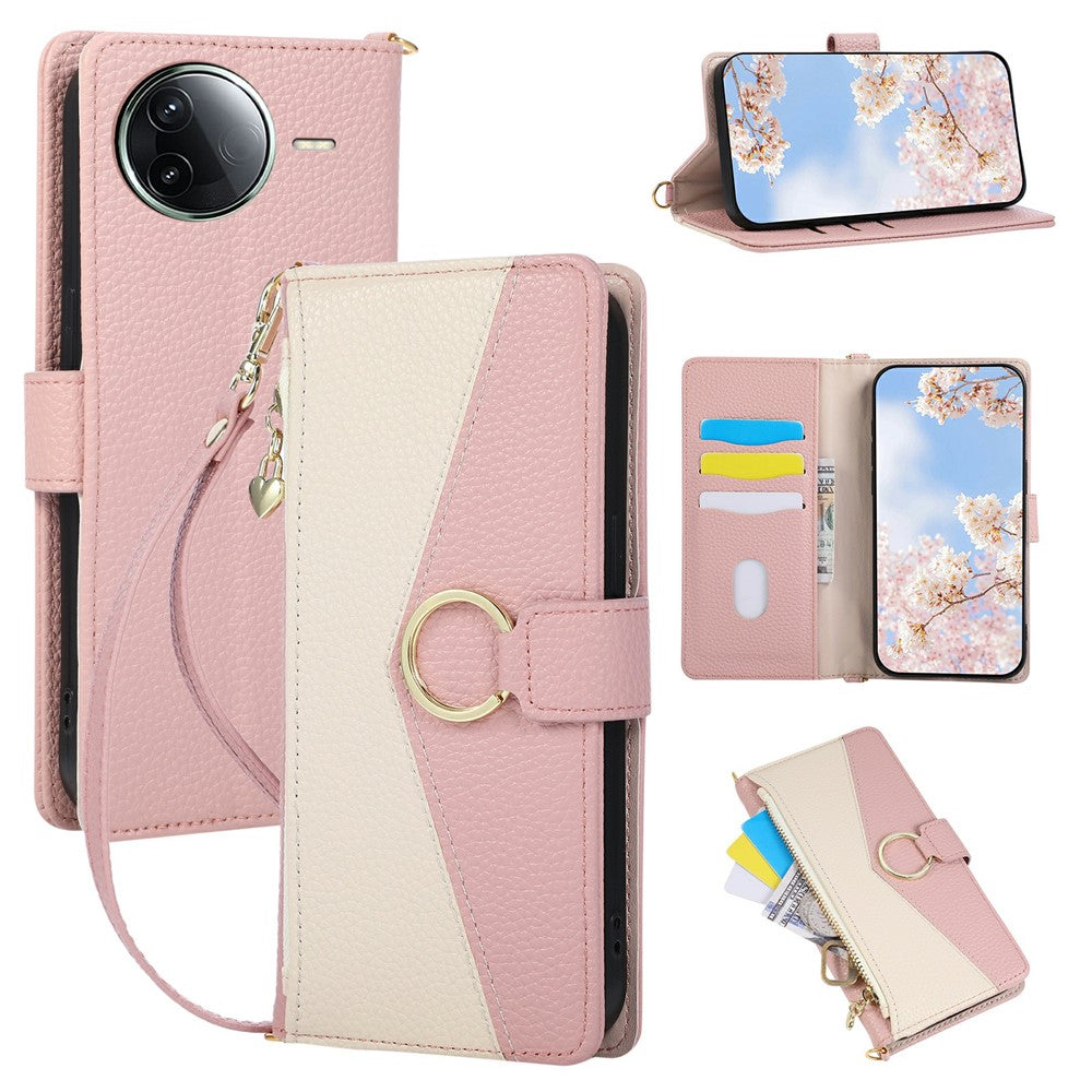 Wallet Case for Xiaomi Poco F7 Ultra 5G  /  Redmi K80 Pro 5G Triangular Splicing Zipper Leather Flip Cover with Wrist Strap