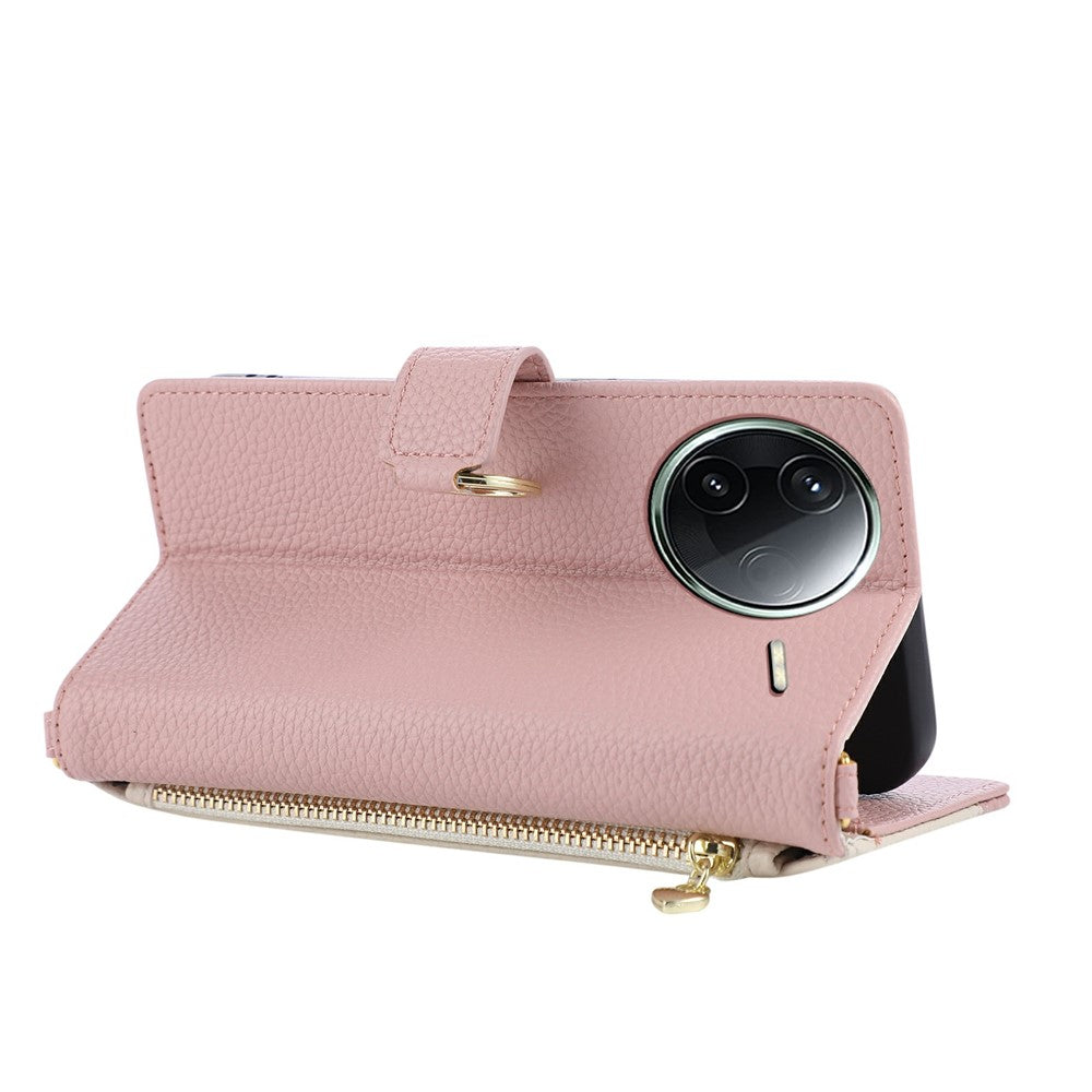 Wallet Case for Xiaomi Poco F7 Ultra 5G  /  Redmi K80 Pro 5G Triangular Splicing Zipper Leather Flip Cover with Wrist Strap
