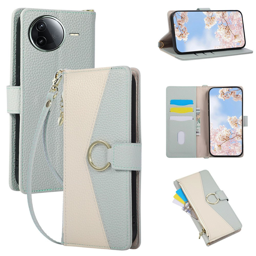 Wallet Case for Xiaomi Poco F7 Ultra 5G  /  Redmi K80 Pro 5G Triangular Splicing Zipper Leather Flip Cover with Wrist Strap