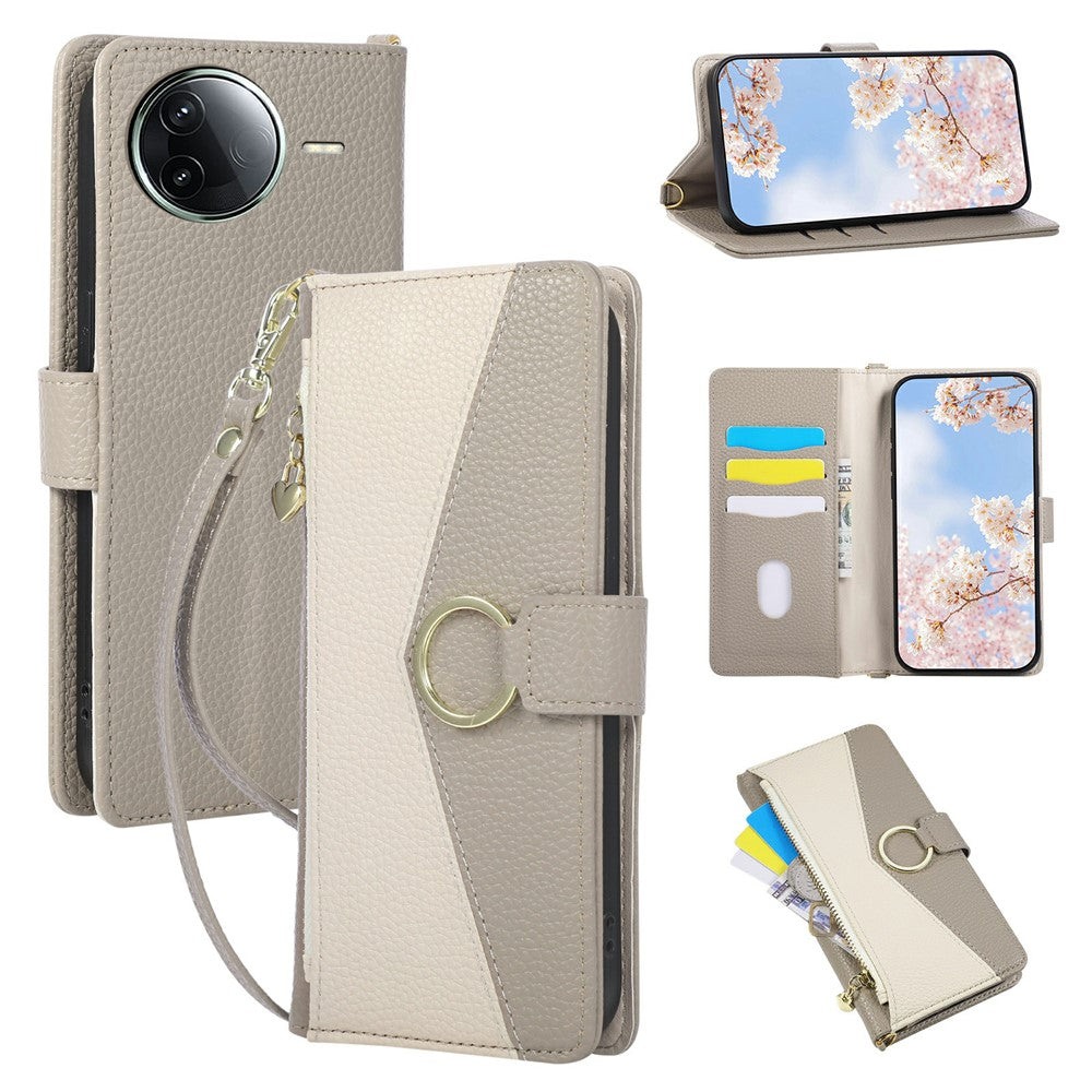 Wallet Case for Xiaomi Poco F7 Ultra 5G  /  Redmi K80 Pro 5G Triangular Splicing Zipper Leather Flip Cover with Wrist Strap