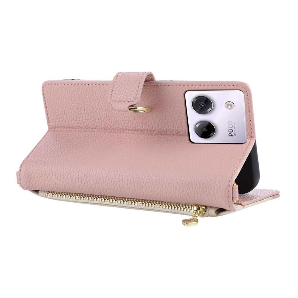 For Xiaomi Poco M7 Pro 5G Wallet Case Triangular Splicing Zipper Leather Flip Cover with Wrist Strap