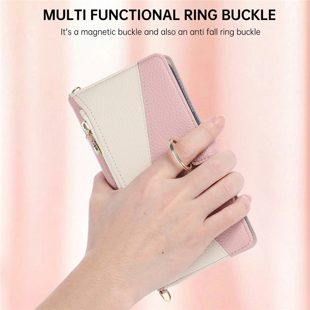 For Xiaomi Poco M7 Pro 5G Wallet Case Triangular Splicing Zipper Leather Flip Cover with Wrist Strap