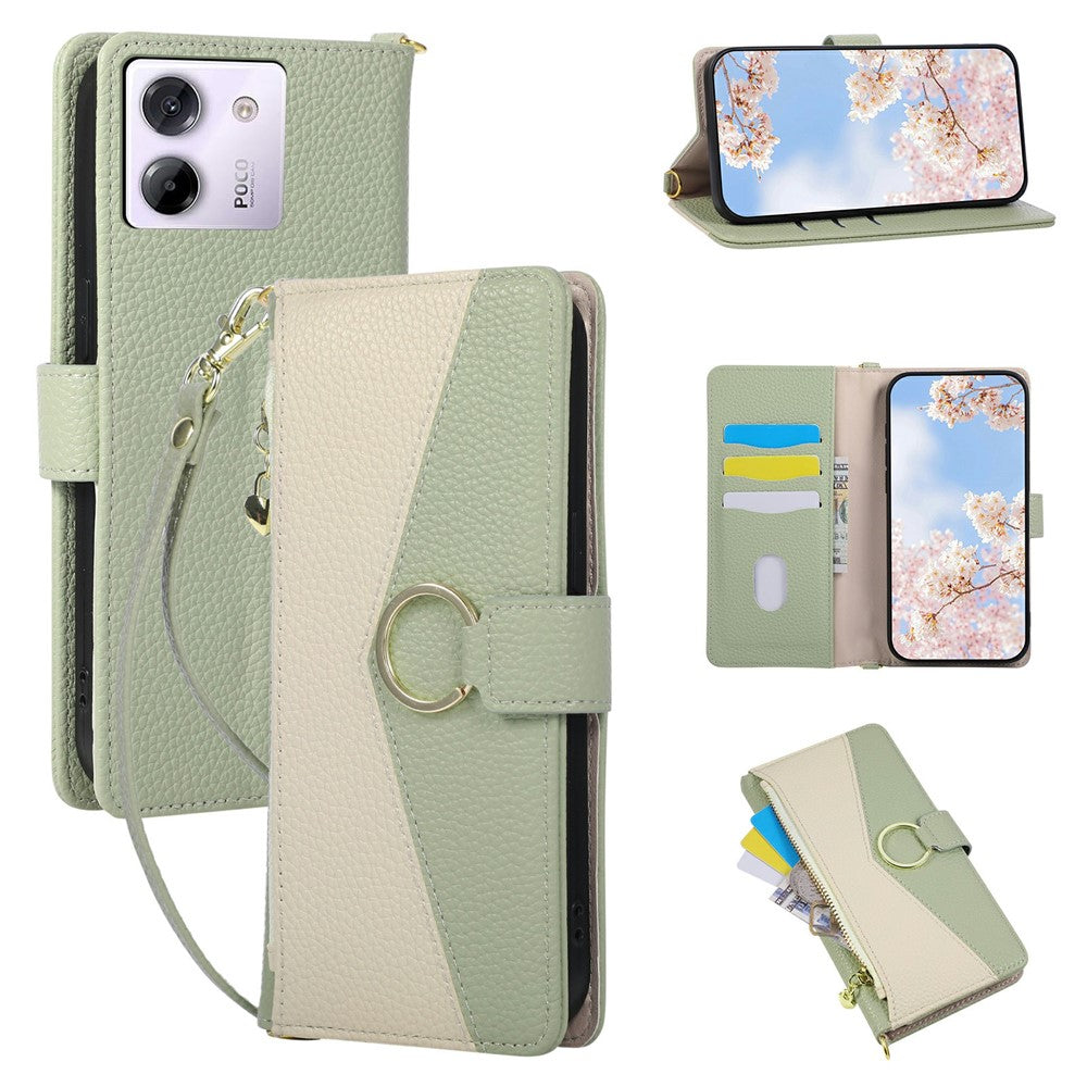 For Xiaomi Poco M7 Pro 5G Wallet Case Triangular Splicing Zipper Leather Flip Cover with Wrist Strap