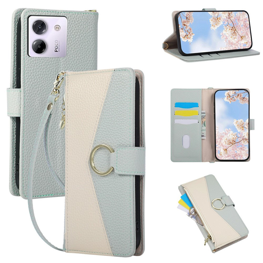 For Xiaomi Poco M7 Pro 5G Wallet Case Triangular Splicing Zipper Leather Flip Cover with Wrist Strap