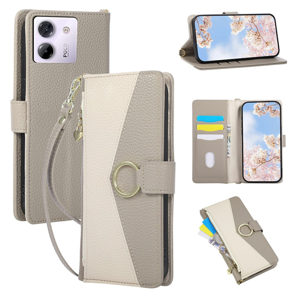 For Xiaomi Poco M7 Pro 5G Wallet Case Triangular Splicing Zipper Leather Flip Cover with Wrist Strap