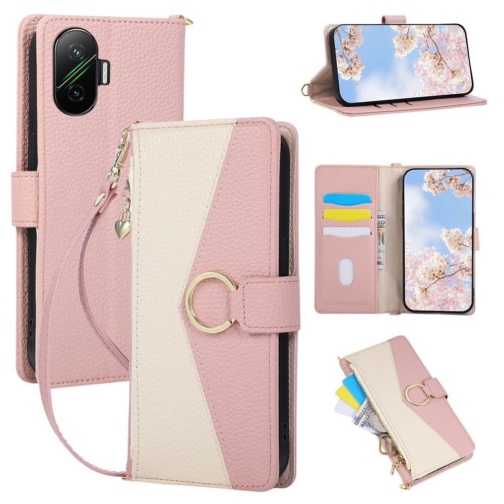 Wallet Case for Xiaomi Redmi Turbo 4 Pro 5G / Poco F7 5G Triangular Splicing Zipper Leather Flip Cover with Wrist Strap