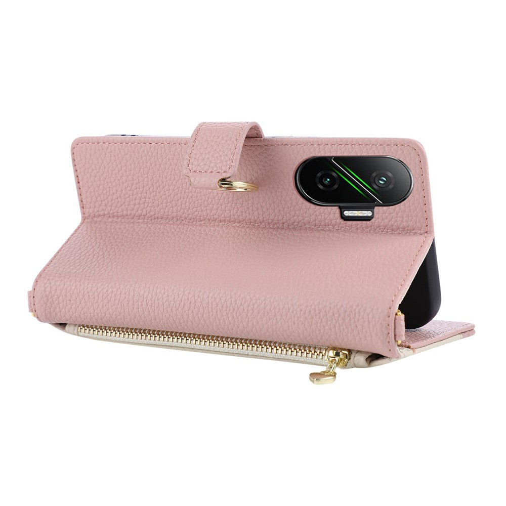 Wallet Case for Xiaomi Redmi Turbo 4 Pro 5G / Poco F7 5G Triangular Splicing Zipper Leather Flip Cover with Wrist Strap
