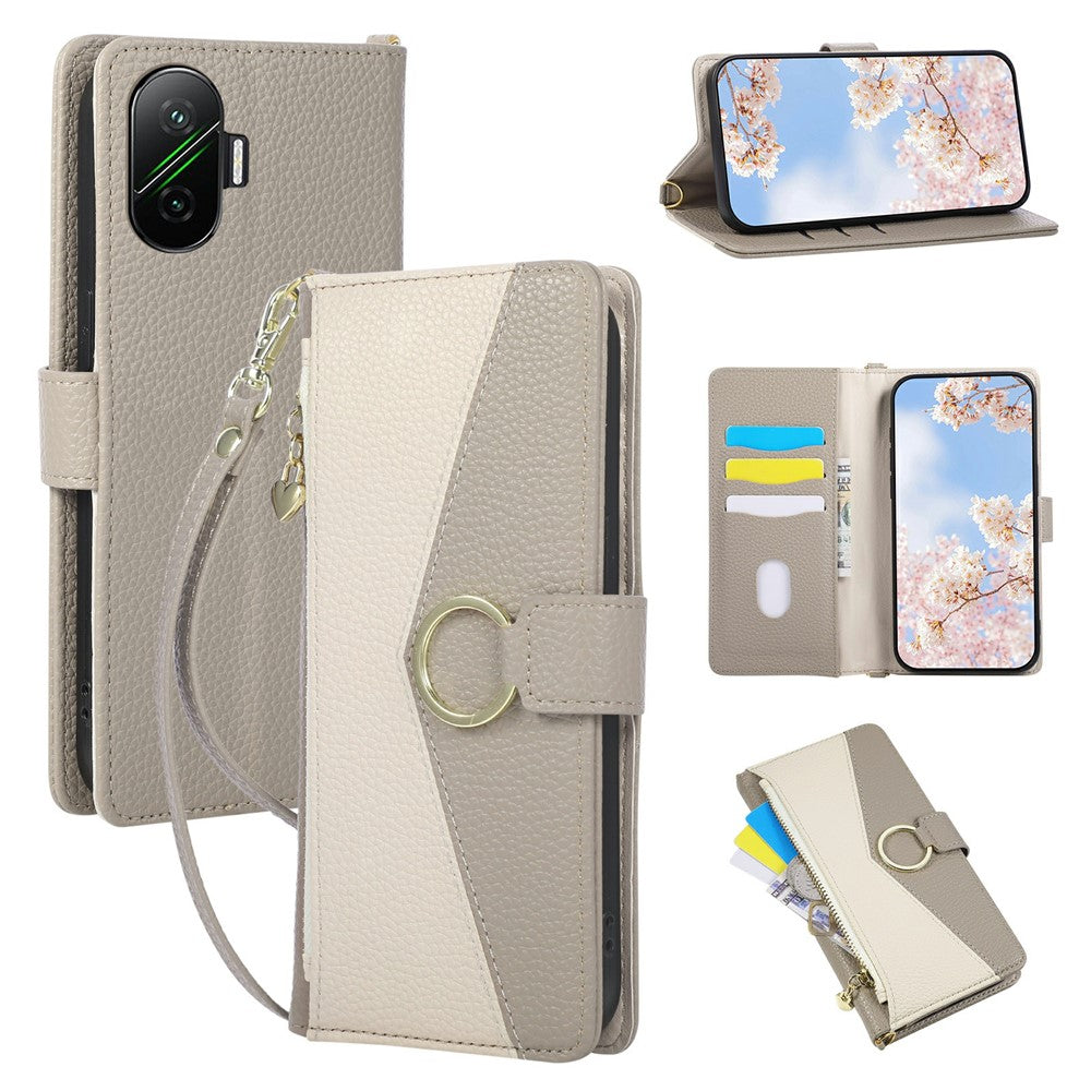 Wallet Case for Xiaomi Redmi Turbo 4 Pro 5G / Poco F7 5G Triangular Splicing Zipper Leather Flip Cover with Wrist Strap