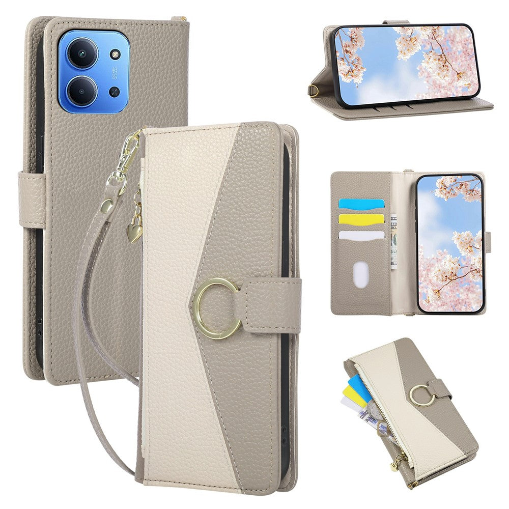 Wallet Case for Xiaomi Redmi 15C 4G (Global) (171mm) / 15C 5G (Global) (171mm) / Poco C85 4G (171mm) Triangular Splicing Zipper Leather Flip Cover with Wrist Strap