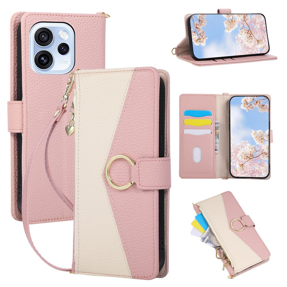 Wallet Case for Oppo Reno15 F 5G / Reno15 FS 5G Triangular Splicing Zipper Leather Flip Cover with Wrist Strap