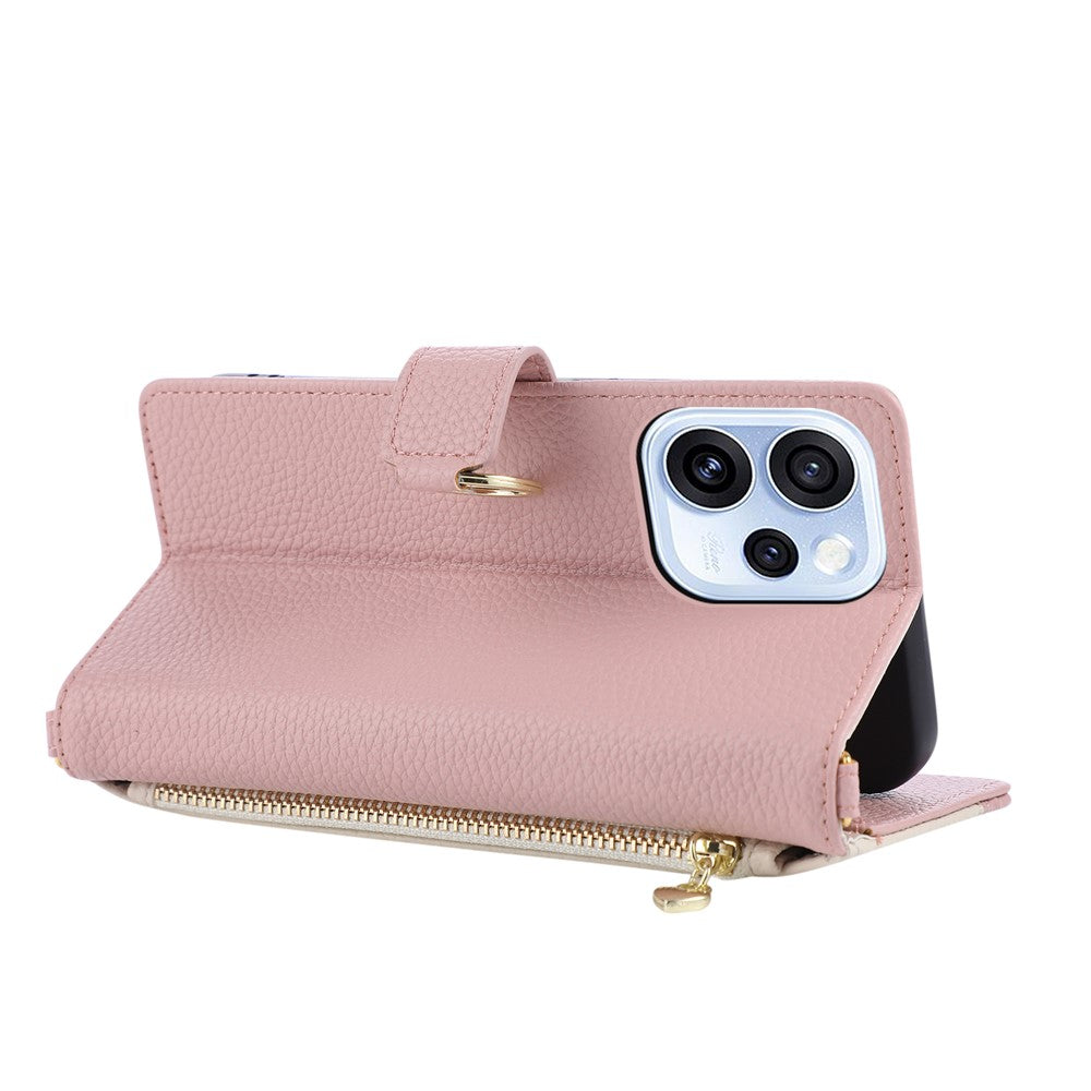 Wallet Case for Oppo Reno15 F 5G / Reno15 FS 5G Triangular Splicing Zipper Leather Flip Cover with Wrist Strap