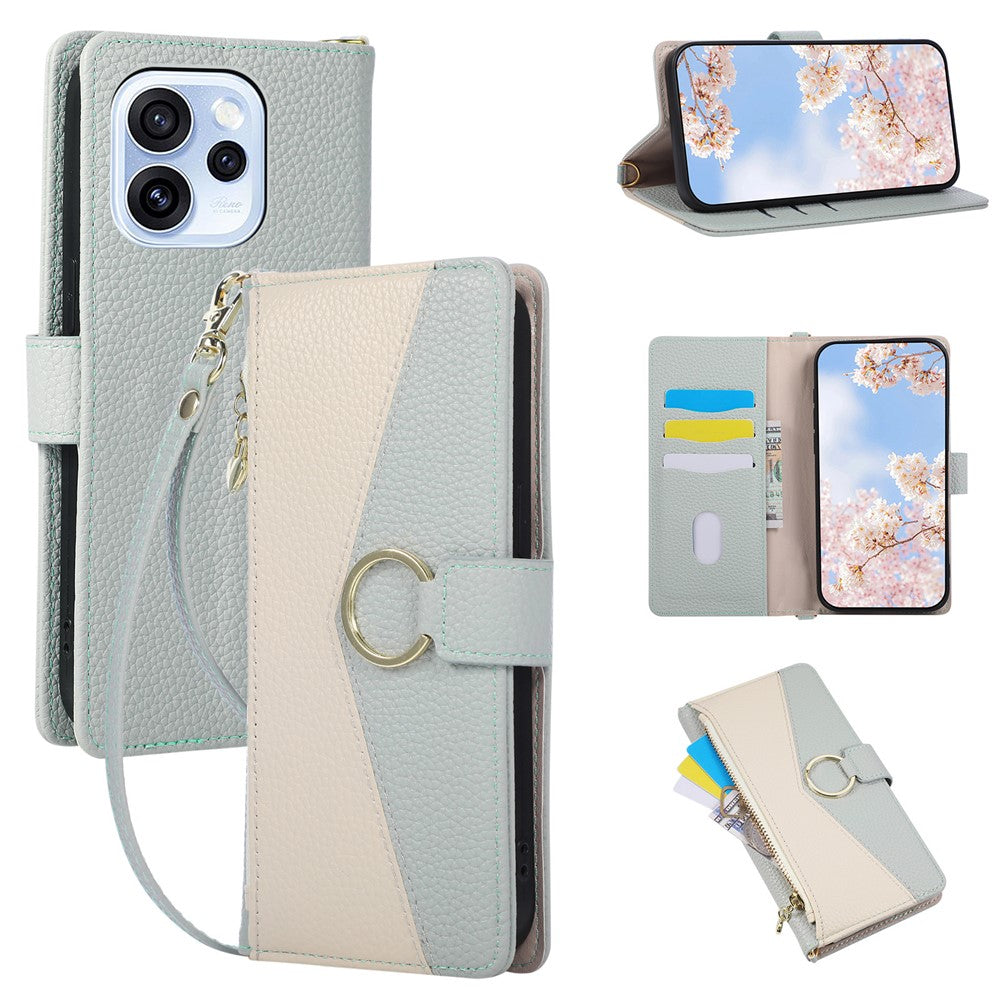 Wallet Case for Oppo Reno15 F 5G / Reno15 FS 5G Triangular Splicing Zipper Leather Flip Cover with Wrist Strap