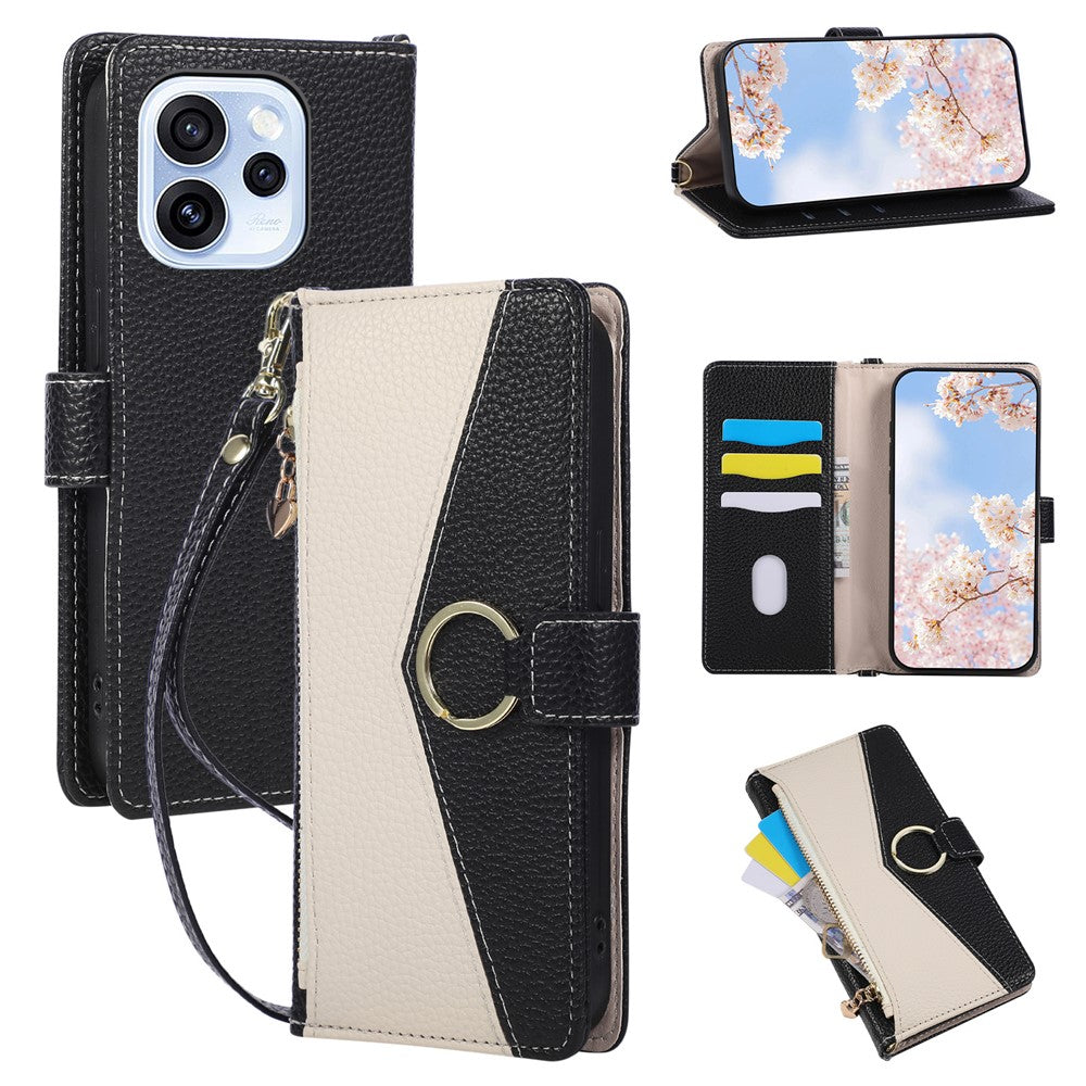 Wallet Case for Oppo Reno15 F 5G / Reno15 FS 5G Triangular Splicing Zipper Leather Flip Cover with Wrist Strap