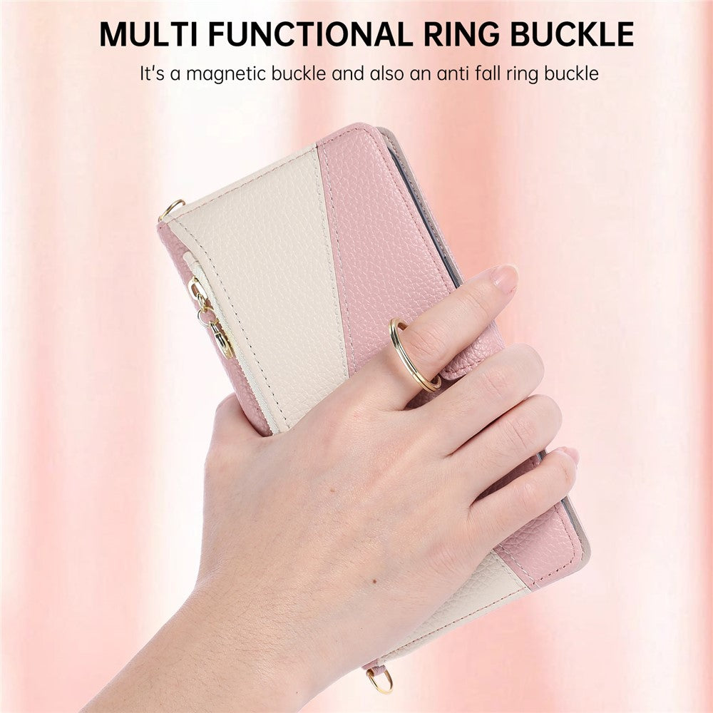 Wallet Case for Honor Magic8 Lite 5G / X9d 5G / X70 5G Triangular Splicing Zipper Leather Flip Cover with Wrist Strap