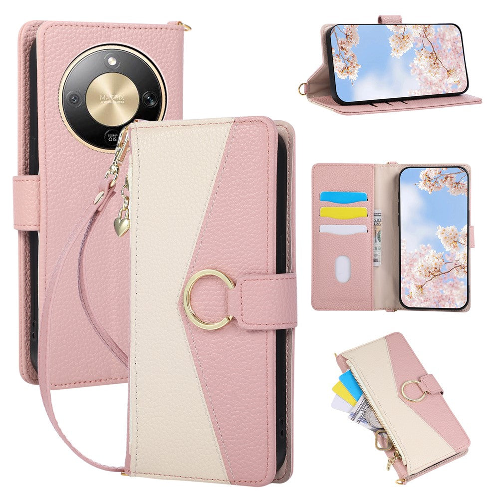 Wallet Case for Honor Magic8 Lite 5G / X9d 5G / X70 5G Triangular Splicing Zipper Leather Flip Cover with Wrist Strap