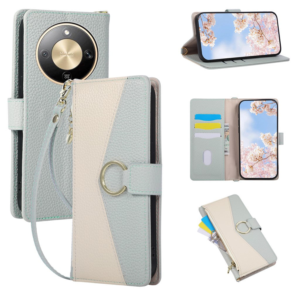 Wallet Case for Honor Magic8 Lite 5G / X9d 5G / X70 5G Triangular Splicing Zipper Leather Flip Cover with Wrist Strap