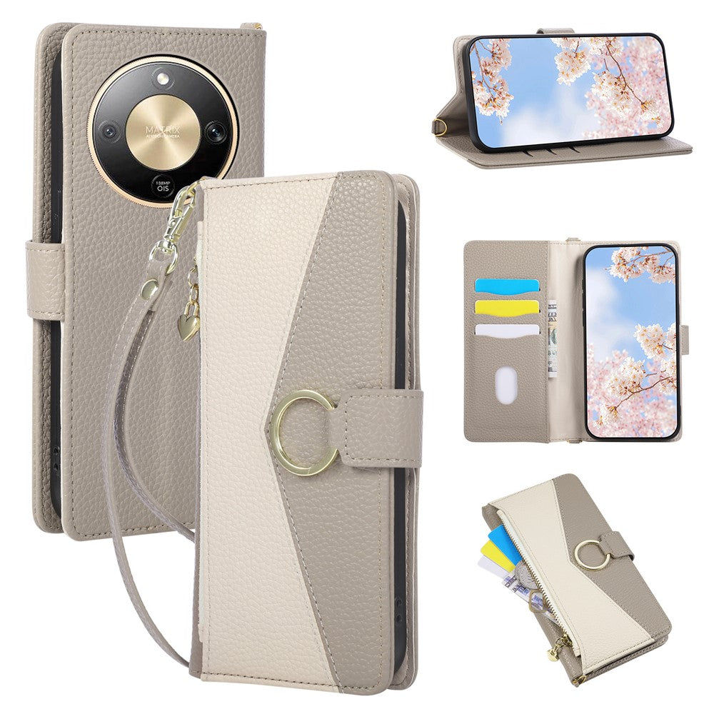 Wallet Case for Honor Magic8 Lite 5G / X9d 5G / X70 5G Triangular Splicing Zipper Leather Flip Cover with Wrist Strap
