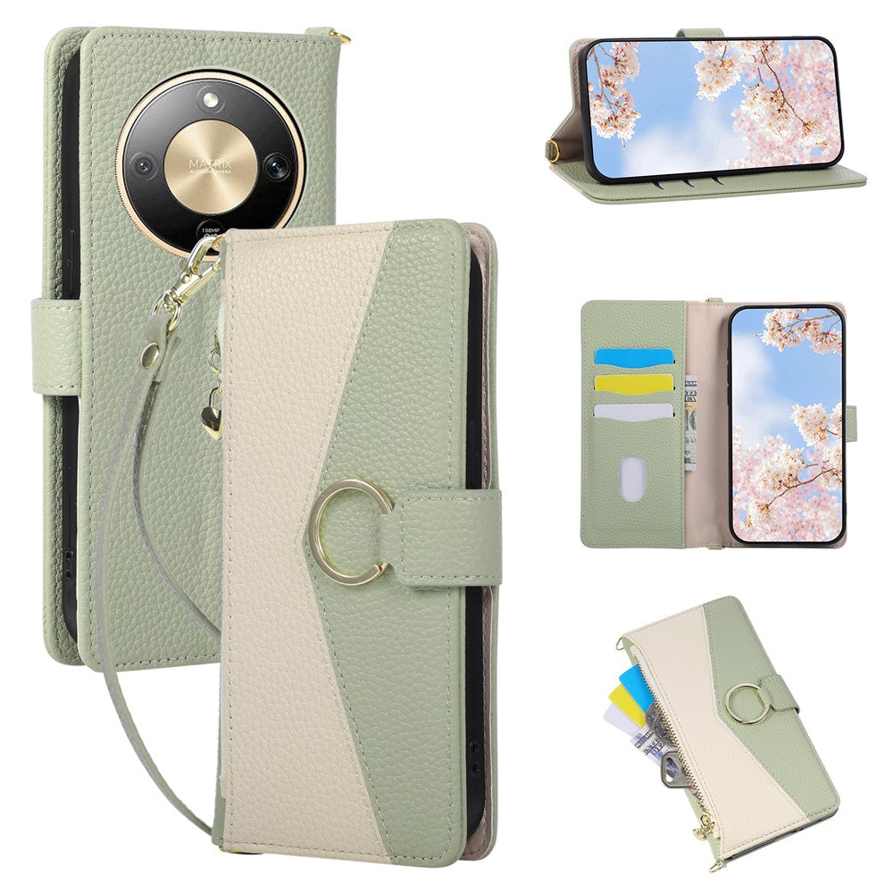 Wallet Case for Honor Magic8 Lite 5G / X9d 5G / X70 5G Triangular Splicing Zipper Leather Flip Cover with Wrist Strap
