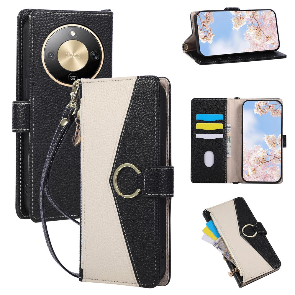 Wallet Case for Honor Magic8 Lite 5G / X9d 5G / X70 5G Triangular Splicing Zipper Leather Flip Cover with Wrist Strap