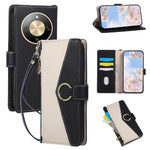 Wallet Case for Honor Magic8 Lite 5G / X9d 5G / X70 5G Triangular Splicing Zipper Leather Flip Cover with Wrist Strap
