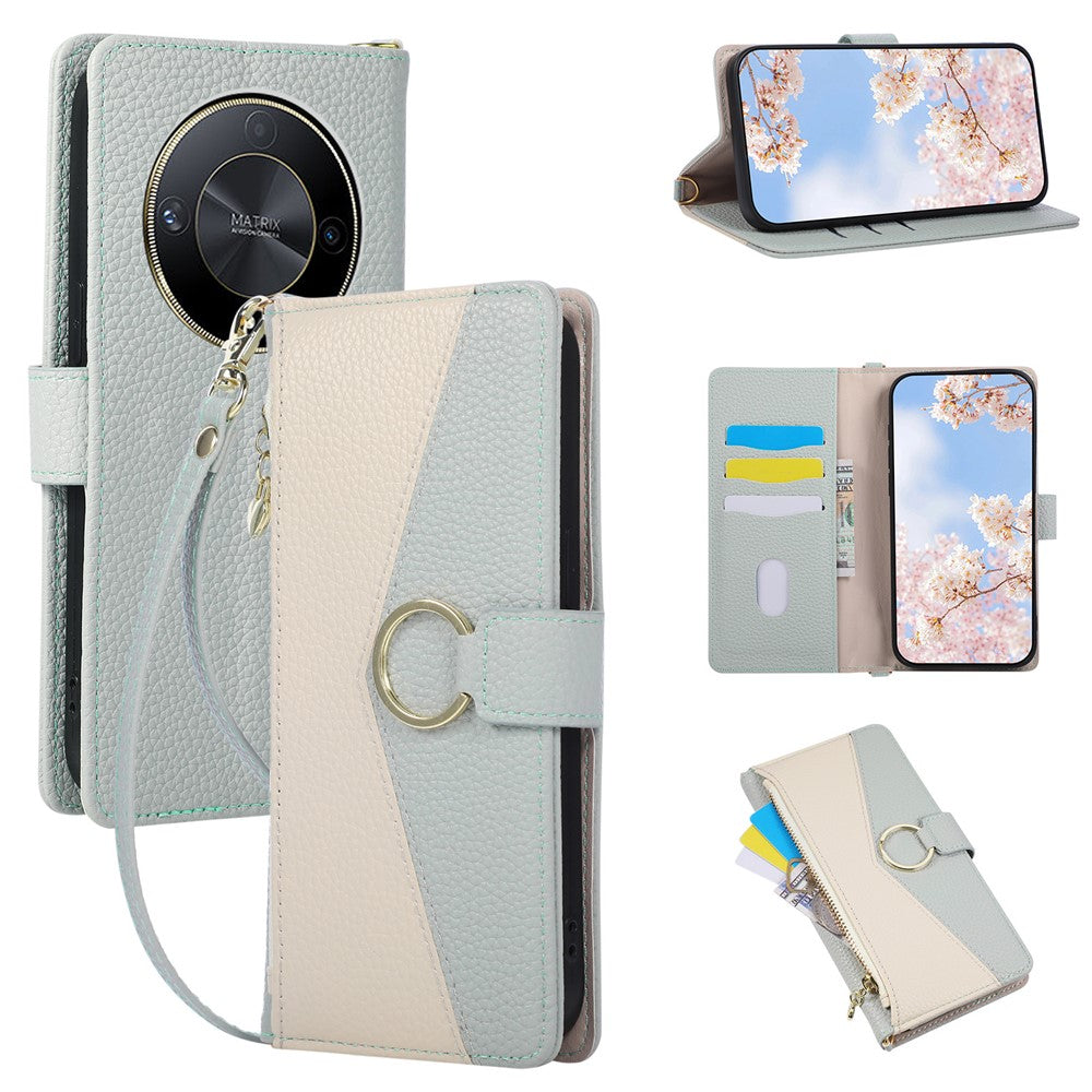 Wallet Case for Honor X9b 5G / Magic6 Lite 5G / X50 5G Triangular Splicing Zipper Leather Flip Cover with Wrist Strap