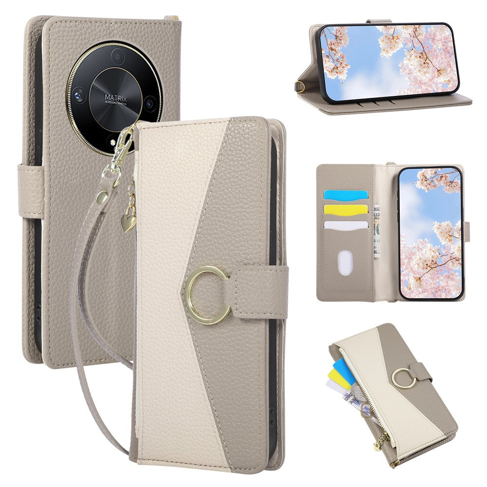 Wallet Case for Honor X9b 5G / Magic6 Lite 5G / X50 5G Triangular Splicing Zipper Leather Flip Cover with Wrist Strap
