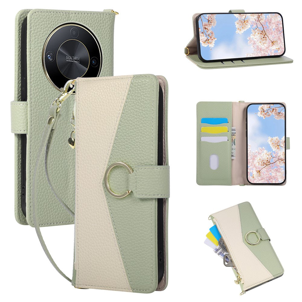 Wallet Case for Honor X9b 5G / Magic6 Lite 5G / X50 5G Triangular Splicing Zipper Leather Flip Cover with Wrist Strap